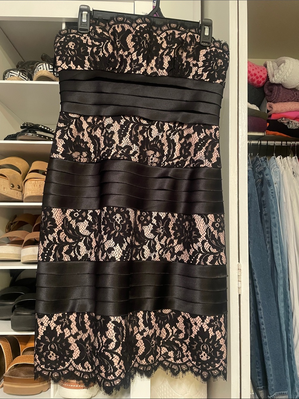 BCBG Max Azria Strapless Black Lace Overlay Dress with Nude Lining